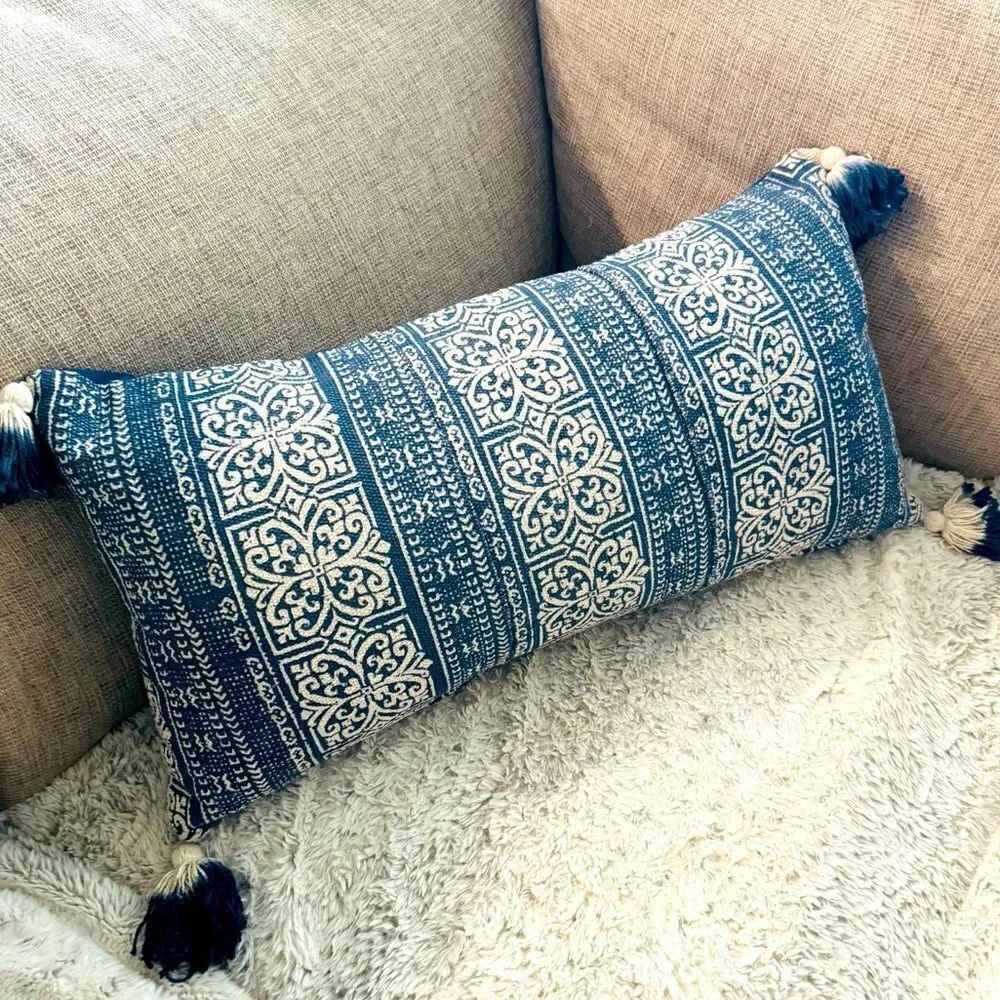 Envogue Navy Blue Boho Textured Print Tassel Throw Pillow